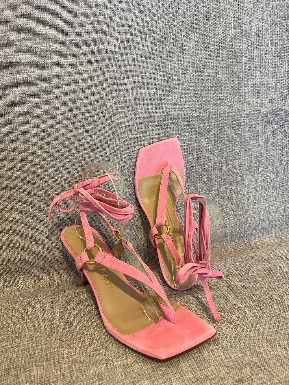 Stuart Weitzman Lalita Pink Lace-Up Square Toe Heels